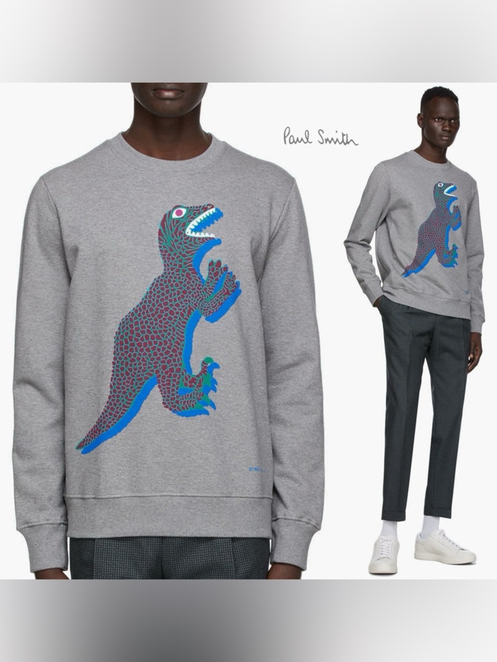 Paul Smith Grey Crewneck Sweatshirt with Blue & Purple Dinosaur Graphic